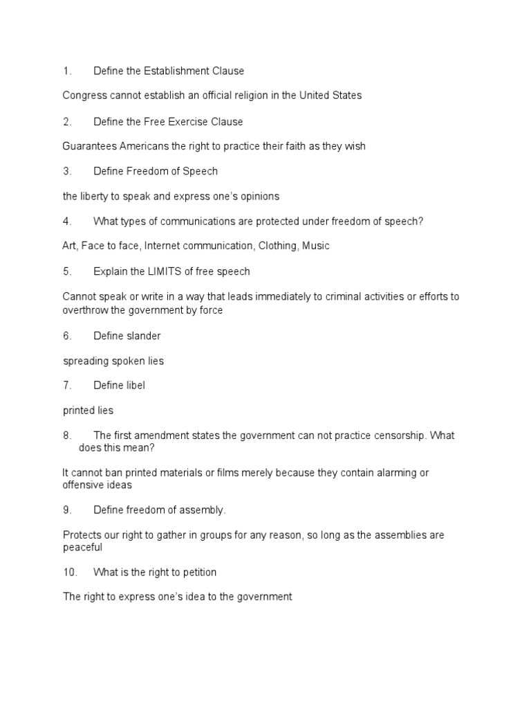 Amendment I Short Answer | PDF