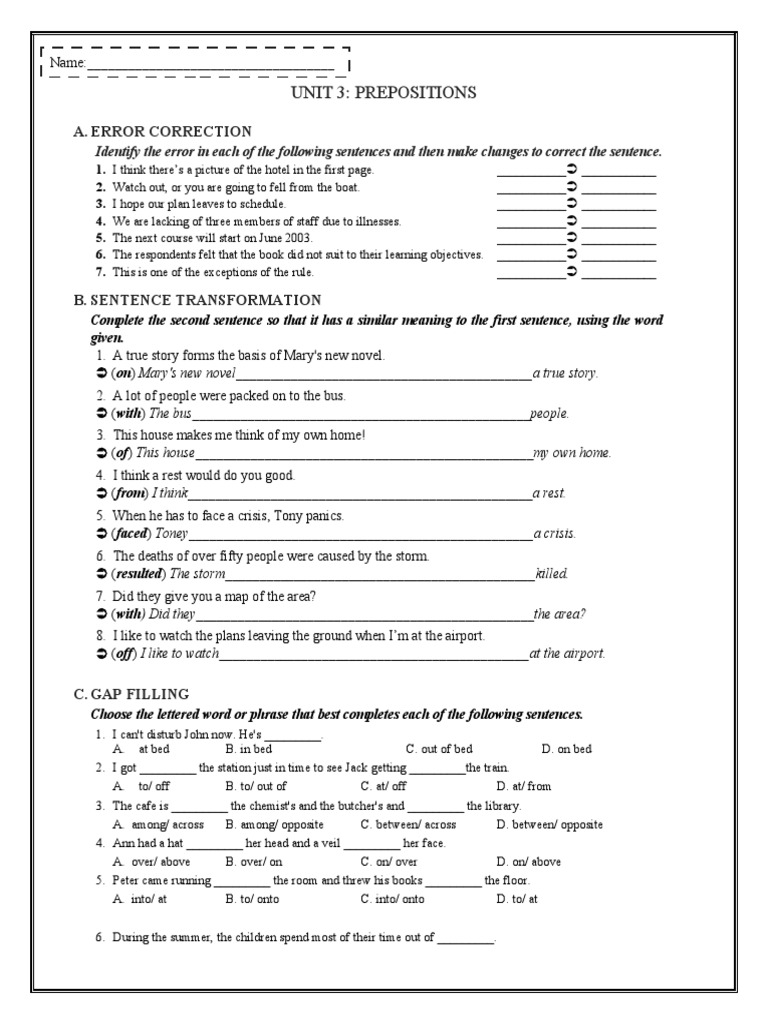 Preposition Error Correction Exercises | PDF