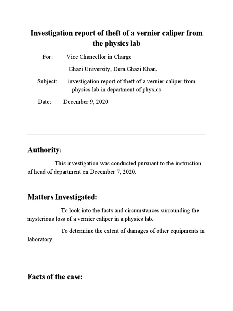 Investigation Report of Theft of A Vernier Caliper From The Physics Lab