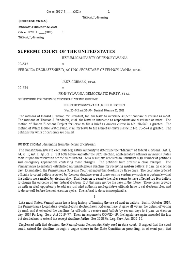 Thomas Dissent on PA Election Rules | PDF | Supreme Court Of The United ...