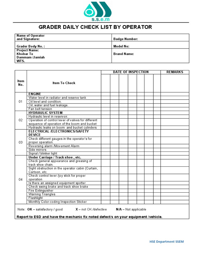 Road Grader Daily Inspection by Operator | PDF