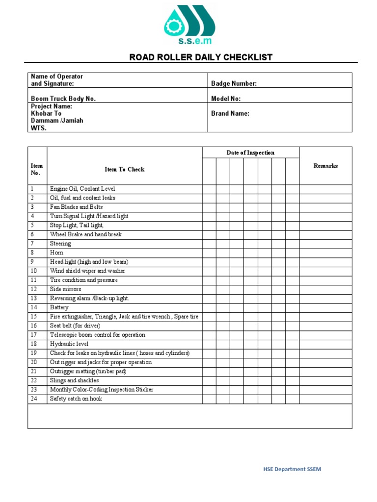 Daily Road Roller Inspection Checklist | PDF | Business | Home & Garden