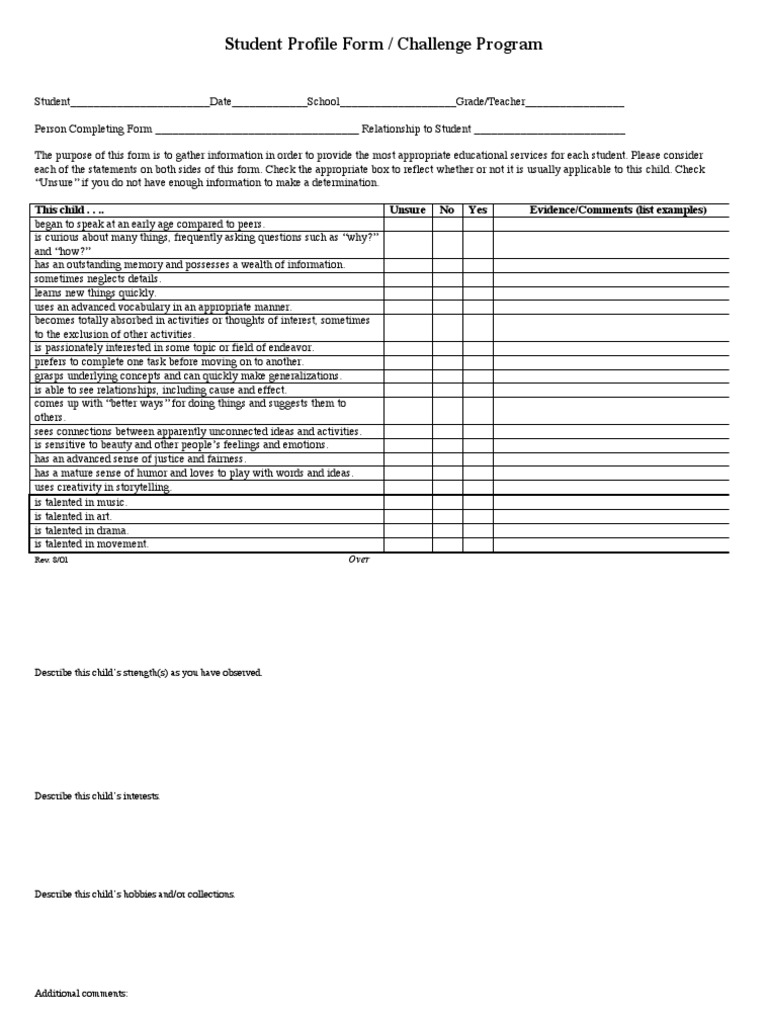 Student Profile Form for Challenge Program | PDF | Self-Improvement ...