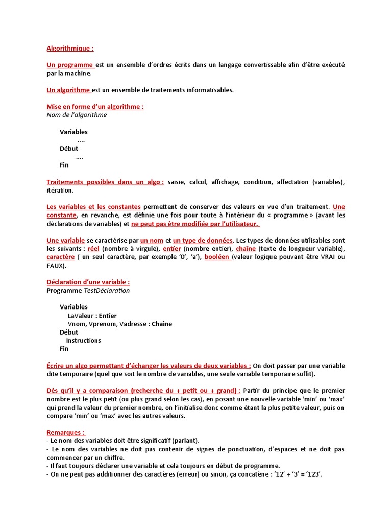 Introduction à l'Algorithmique et Variables | PDF | Variable ...