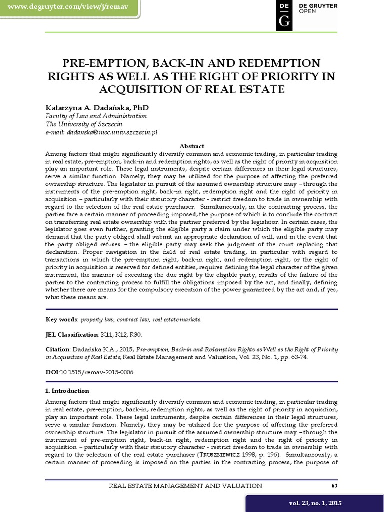 PreEmption, BackIn and Redemption Rights As Well As The Right of