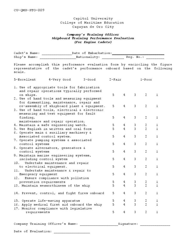 Engine Cadet Performance Evaluation Form | PDF | Engineering | Nature