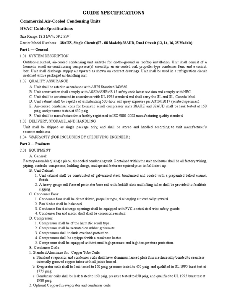 Guide Specifications Commercial AirCooled Condensing Units HVAC Guide