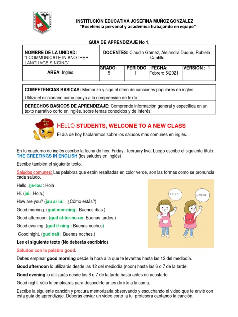 GUIA de Inglés .Primer Periodo. Grado 5 | PDF | Idiomas