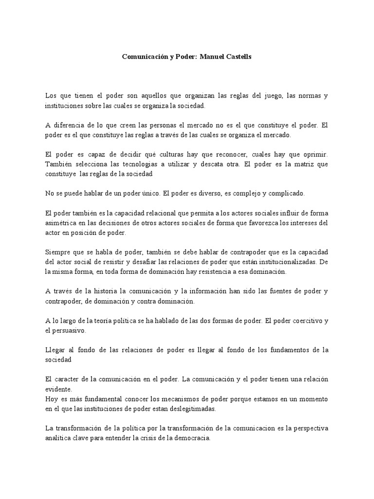 Comunicación Y Poder Manuel Castells Pdf Medios De Comunicación