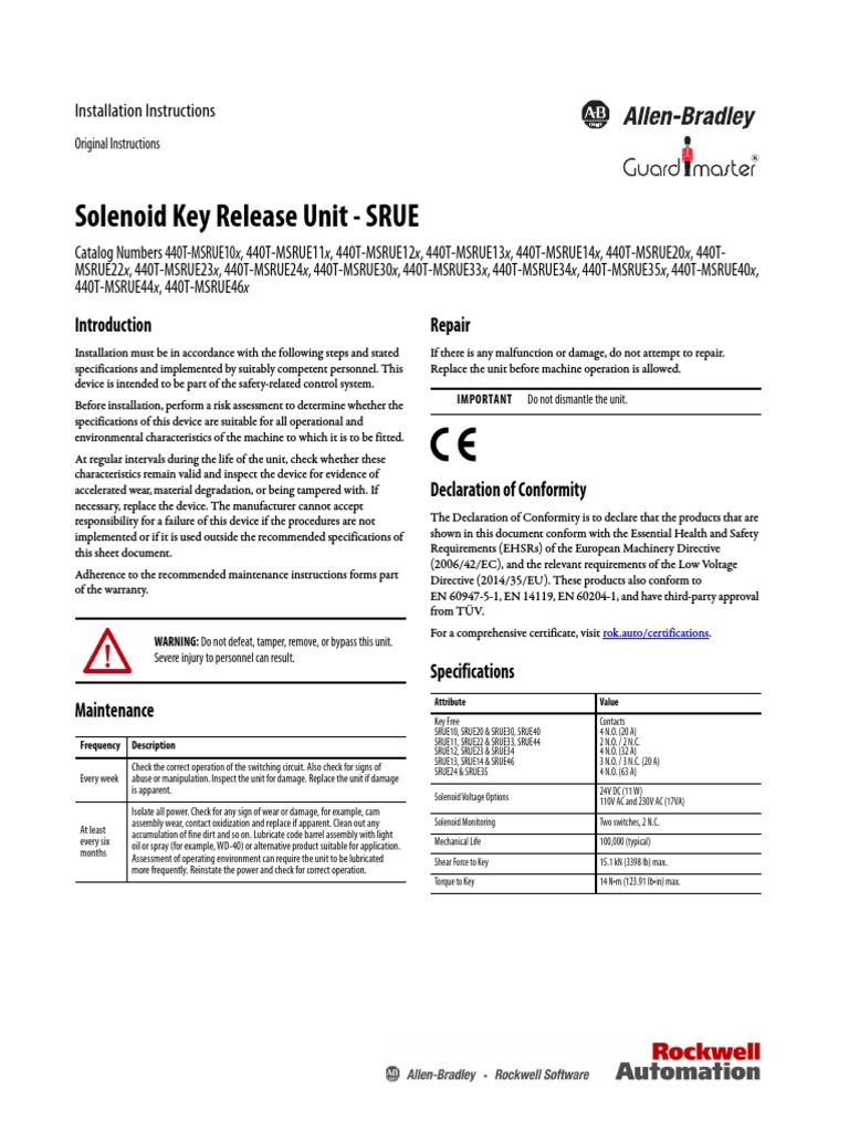 Solenoid Key Release Unit SRUE Installation Instructions PDF