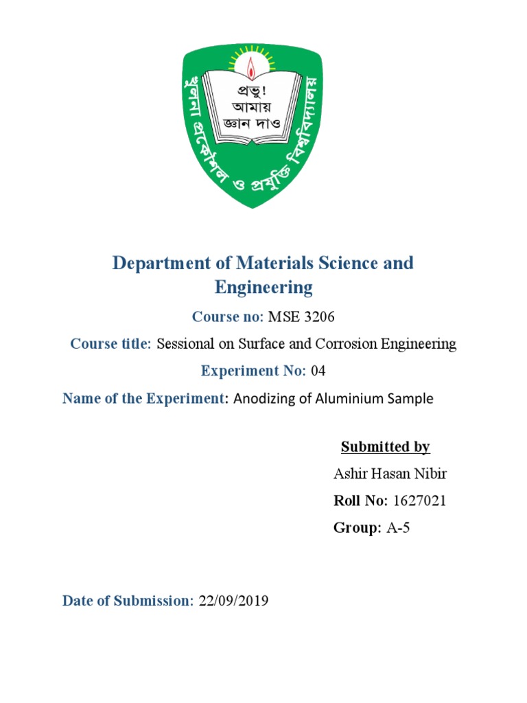 Anodizing Aluminum Experiment Report PDF Corrosion Physical Sciences