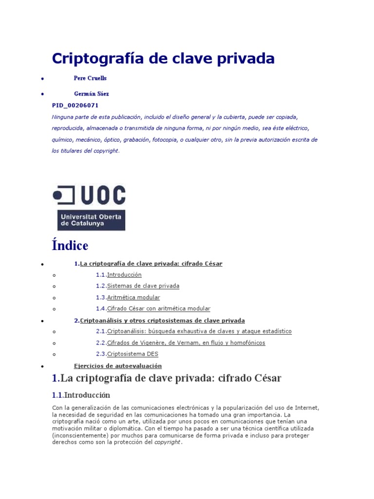 Criptografía de Clave Privada PDF Clave (criptografía) Criptografía