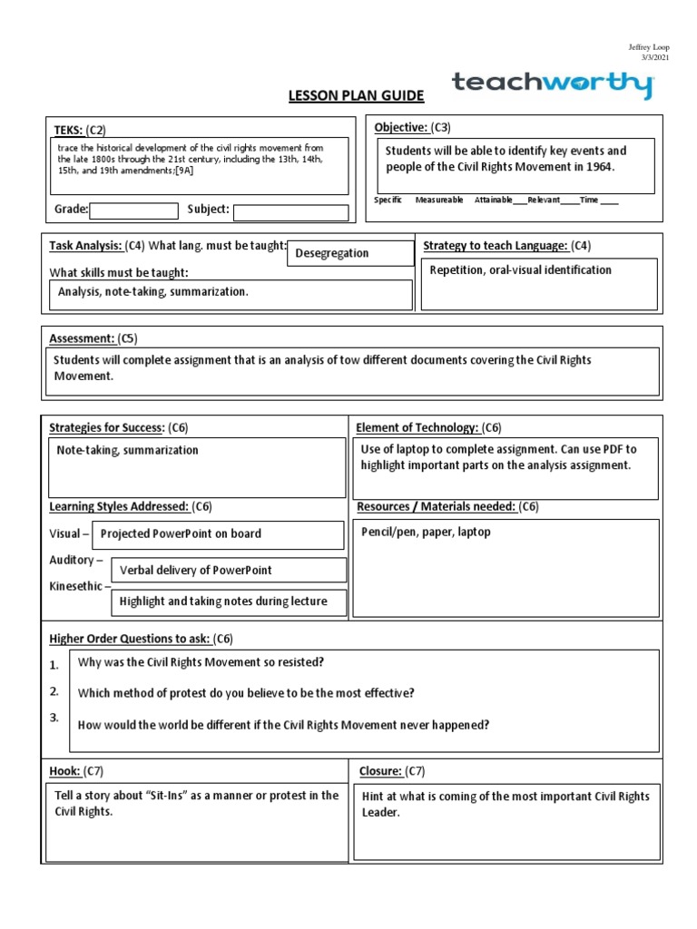 Civil Rights Movement Lesson Plan | PDF | Lesson Plan | Lecture