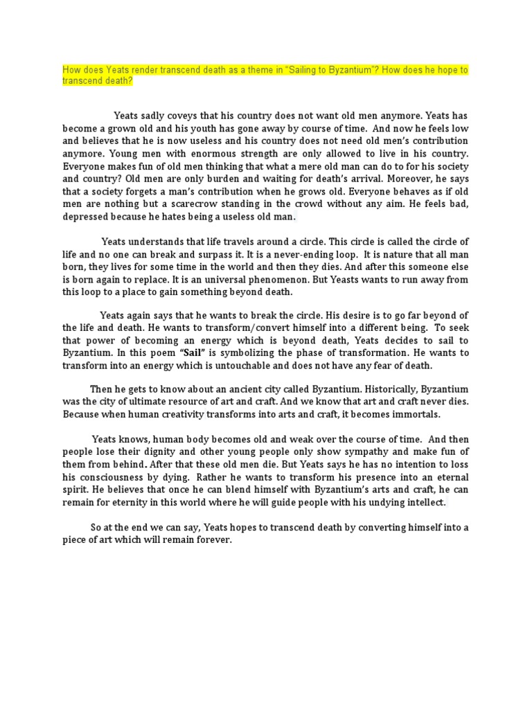 How Does Yeats Render Transcend Death As A Theme in "Sailing To