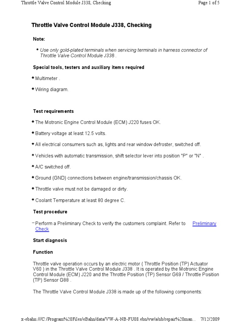 Throttle Valve Control Module J338, Checking PDF Throttle