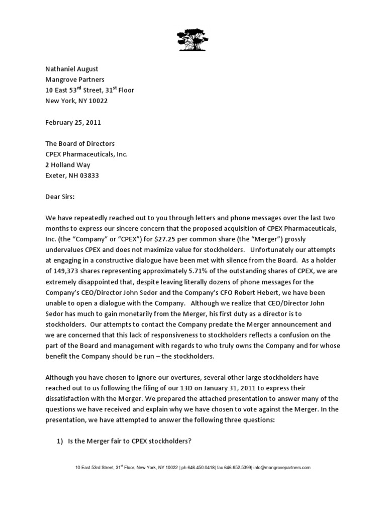 Letter to Board February 25 Mergers And Acquisitions Chief