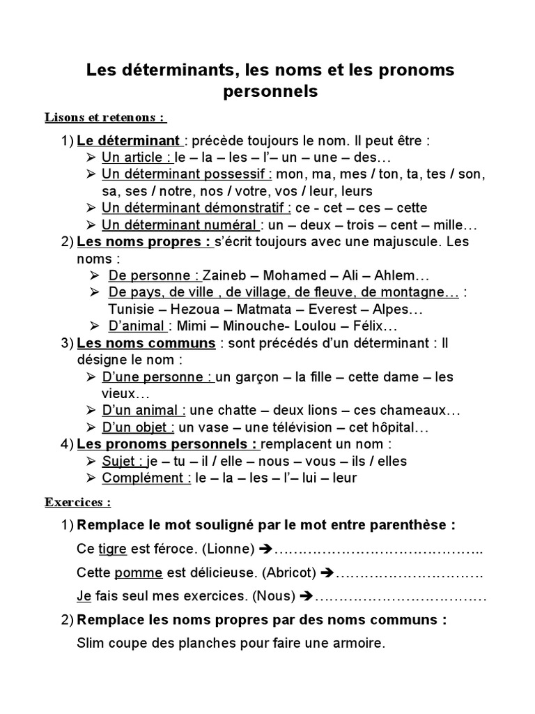 Exercices Sur Les Déterminants Et Les Pronoms 5ème Pdf Les Déterminants | PDF