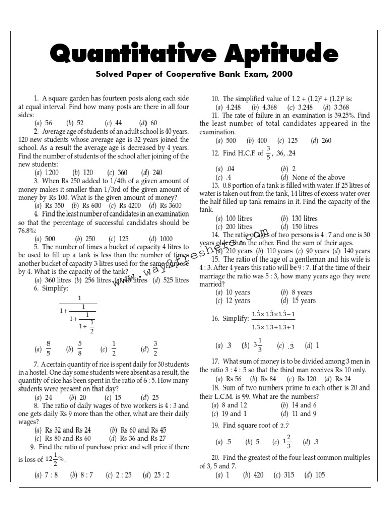 Quantitative Aptitude: Solved Paper of Cooperative Bank Exam, 2000 | PDF