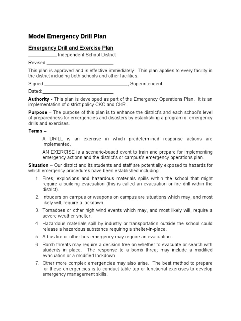 1Model Emergency Drill Plan Emergency Emergency Evacuation
