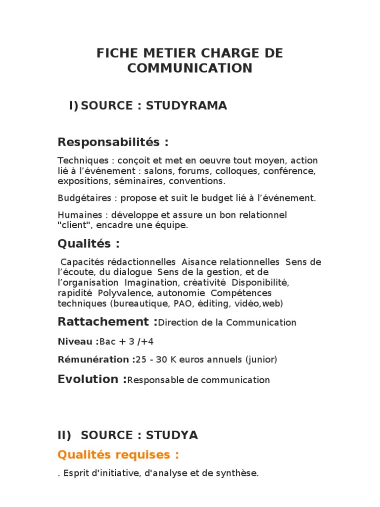 Fiche Metier Charge de Communication | PDF | la communication ...