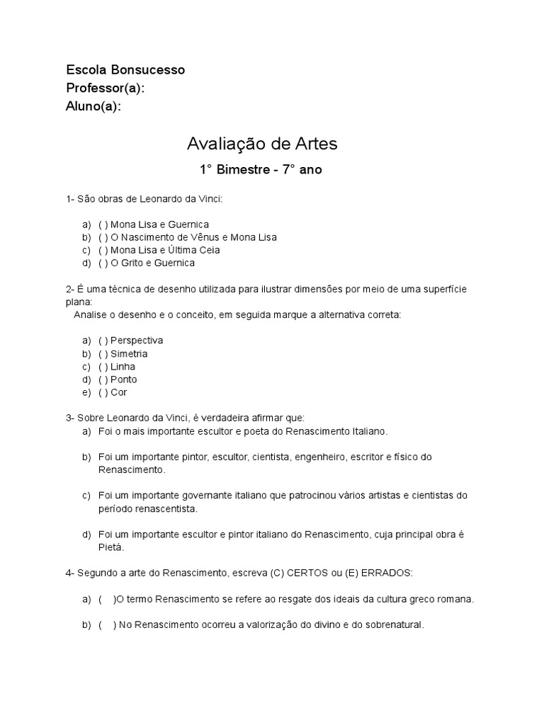 ATIVIDADE - ARTE RENASCENTISTA - TUDO SALA DE AULA.pdf  Atividades de  arte, Arte renascentista, Renascentismo