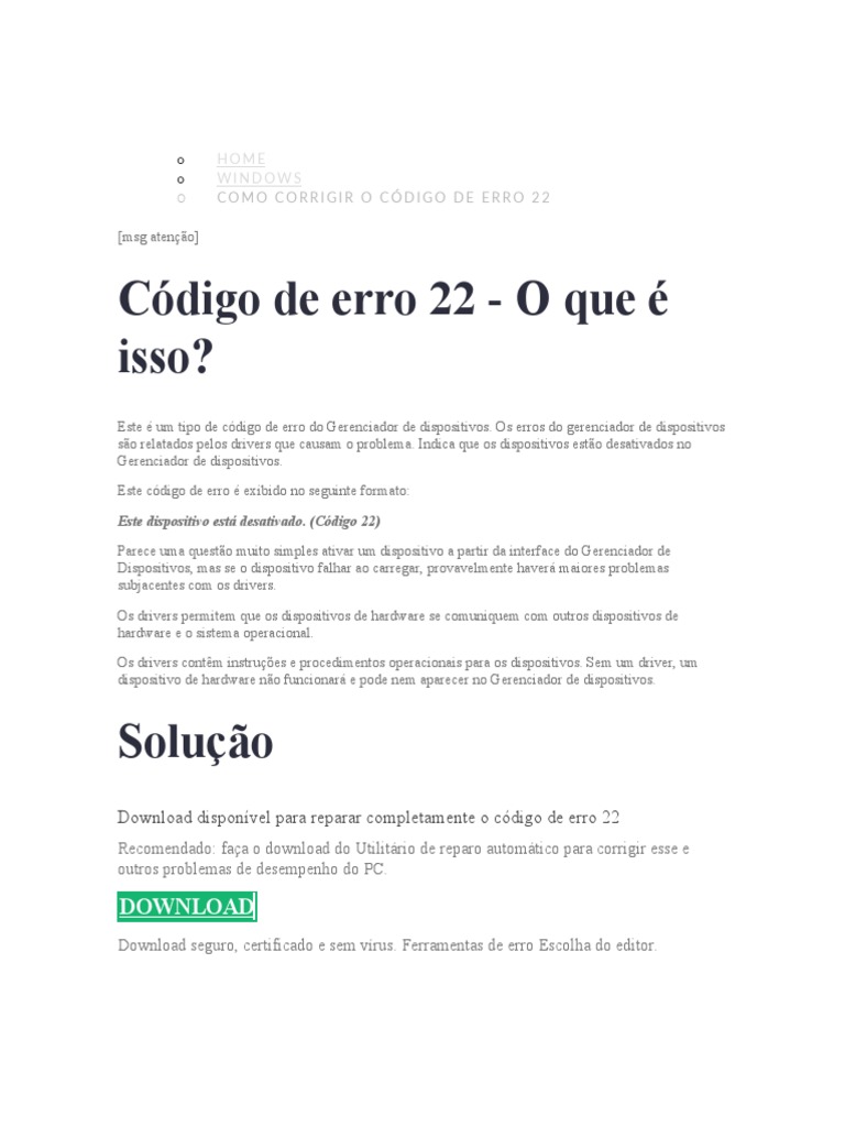 Corrigindo o Código de Erro 22 | PDF | Driver de dispositivo | Janela ...