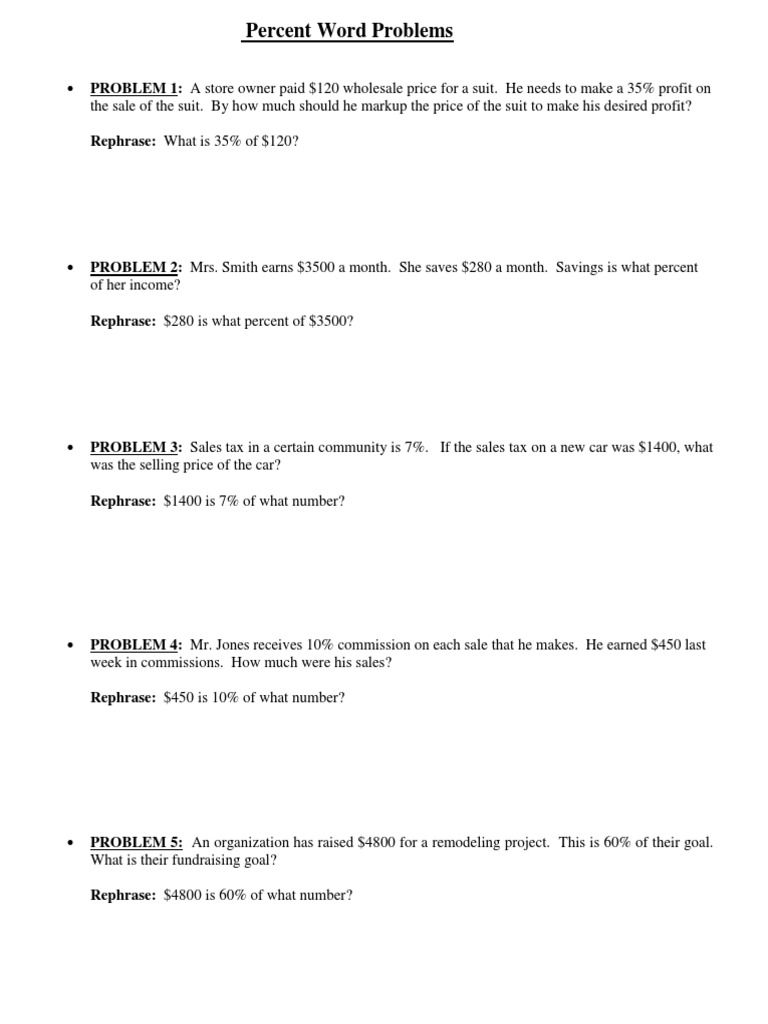 Percent Word Problems Worksheet | PDF | Prices | Microeconomics