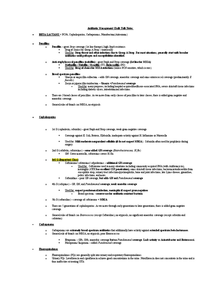 Antibiotic Management Chalk Talk Notes PDF Methicillin Resistant