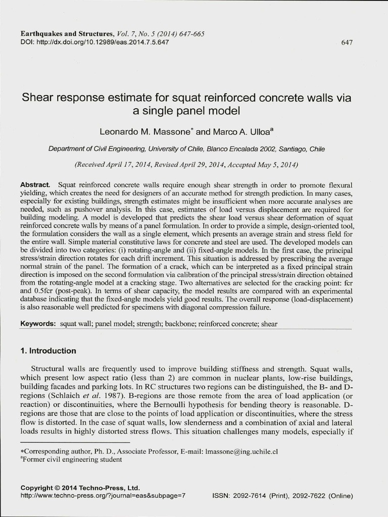 Shear Response Estimate For Squat Reinforced Concrete Walls Via A ...