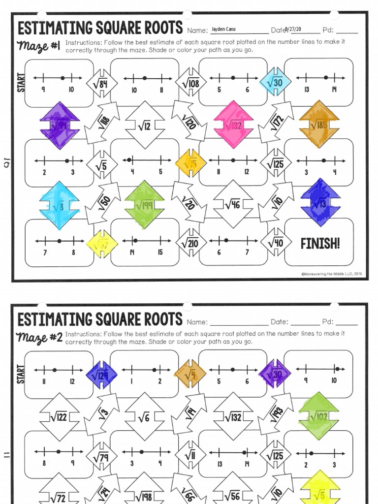 Estimating Square Roots Worksheets Estimating Square Roots Maze | Math