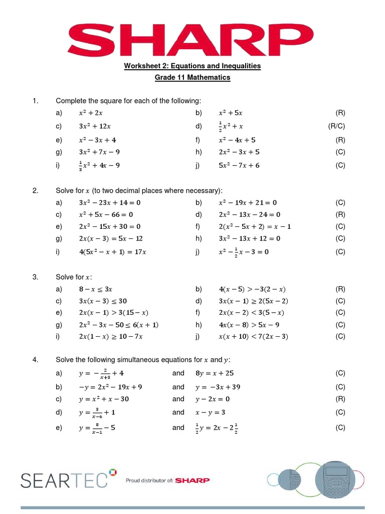 Worksheet 2 Equations and Inequalities Grade 11 Mathematics | PDF