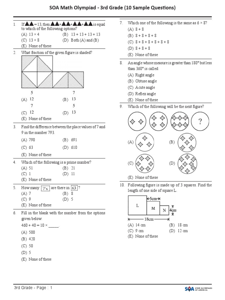 3rd Grade Math Olympiad Sample Questions | PDF | Angle | Elementary ...