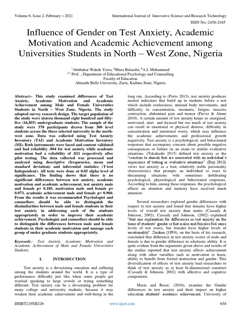 Influence of Gender On Test Anxiety, Academic Motivation and Academic ...