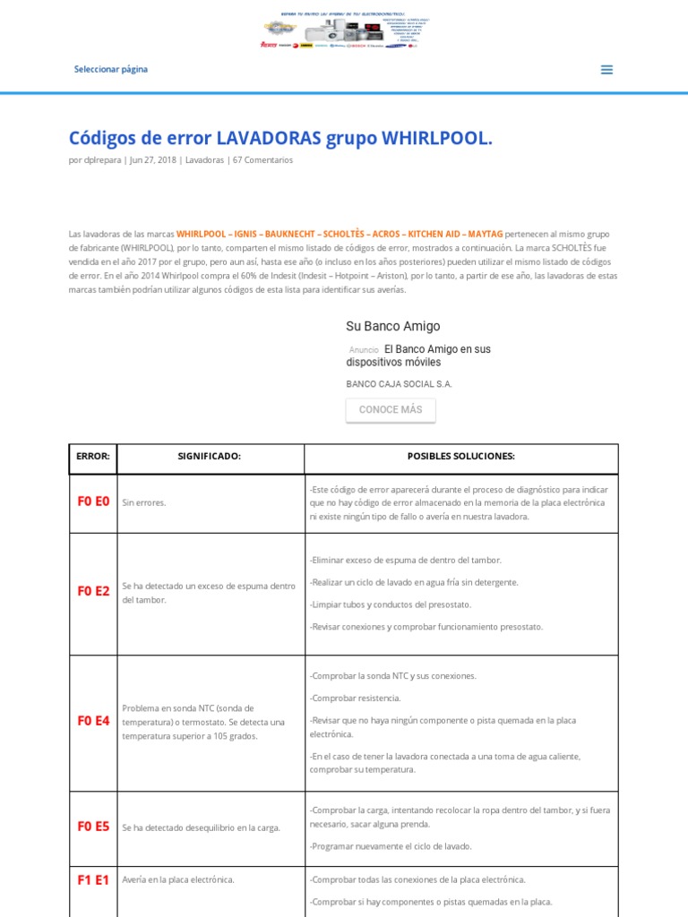 Códigos de LAVADORAS Grupo WHIRLPOOL - | PDF | Electrónica