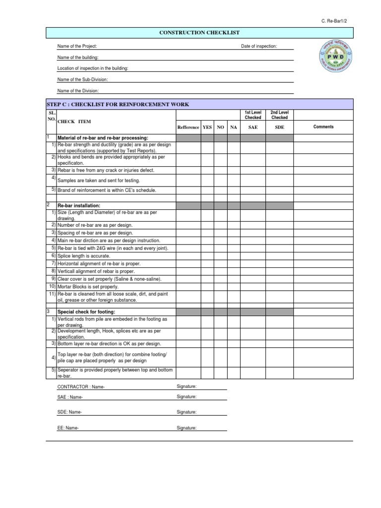 Reinforcement Work Inspection Checklist | PDF | Building Engineering ...