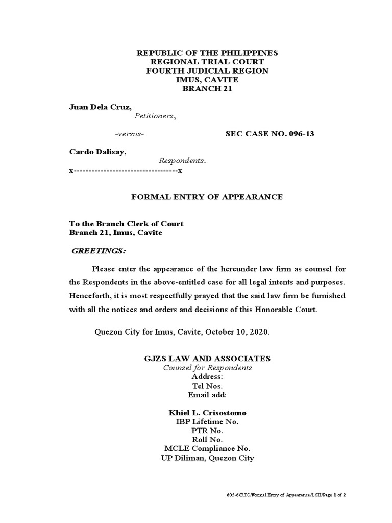 Formal Entry of Appearance in Court | PDF | Politics | Social Science