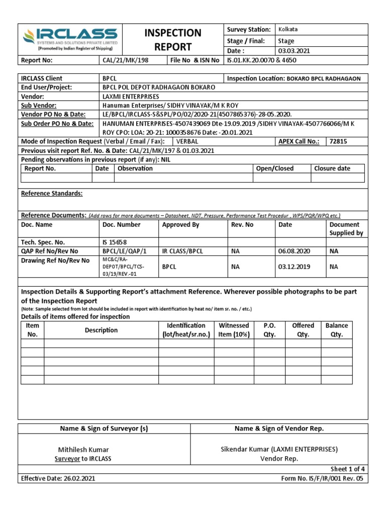 IRCLASS Inspection Report - BPCL 2021 | PDF | Metrology | Private Law