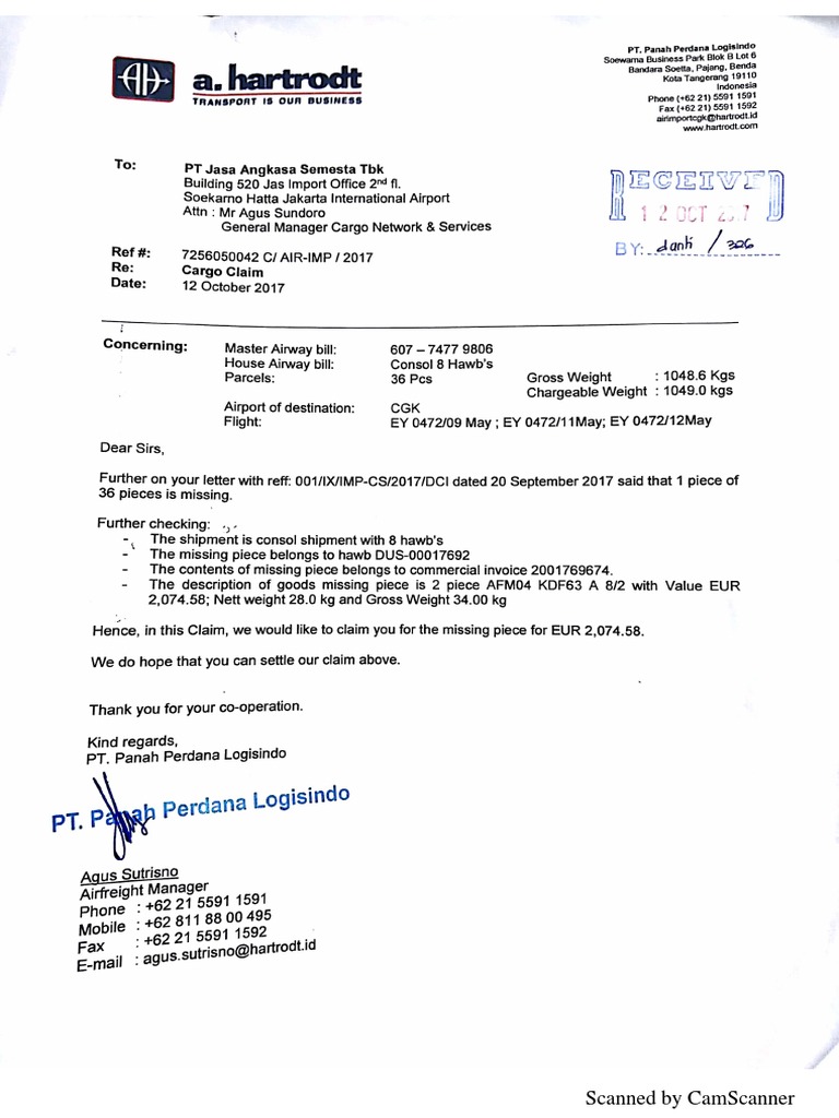 Claim Letter Missing Cargo Hartrodt | PDF