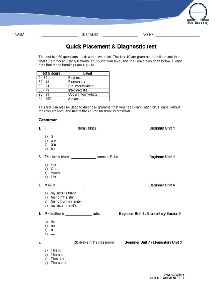 Quick Placement & Diagnostic Test: Grammar | PDF