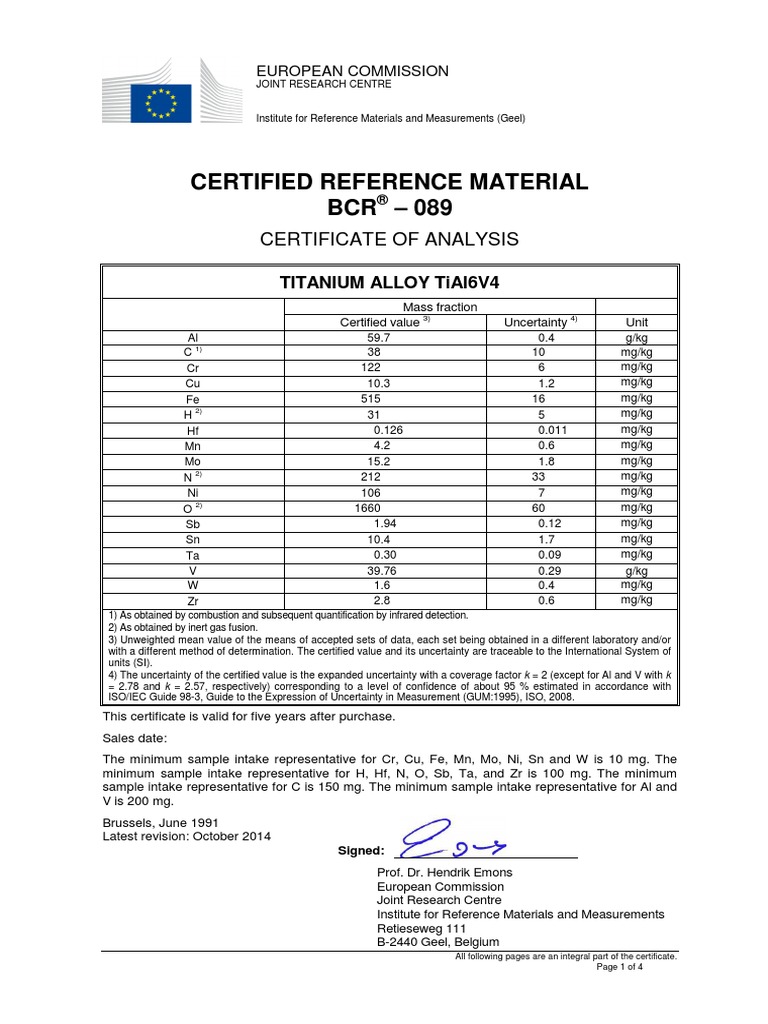 Certified Reference Material BCR - 089: Certificate of Analysis | PDF ...
