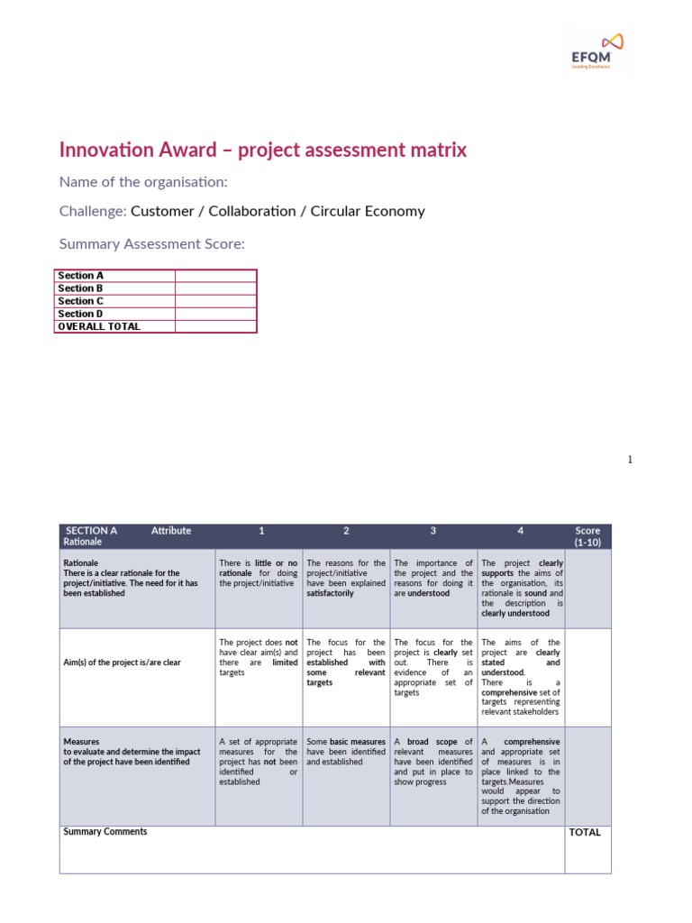 Innovation Award Assessment Matrix | PDF | Communication | Human Nature