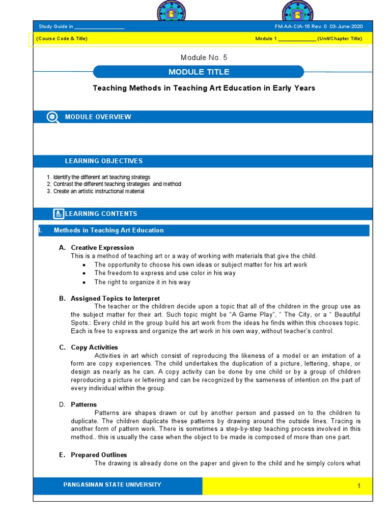 Teaching Methods in Teaching Art Education in Early Years: Module Title ...