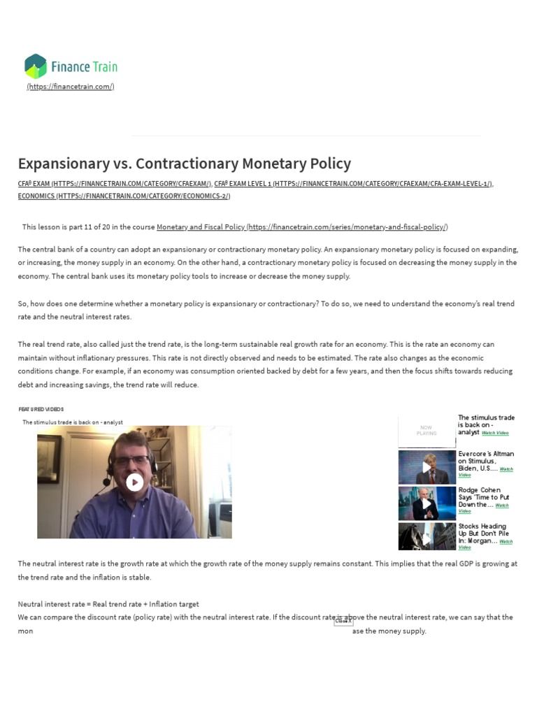 Expansionary vs. Contractionary Monetary Policy - Finance Train | PDF