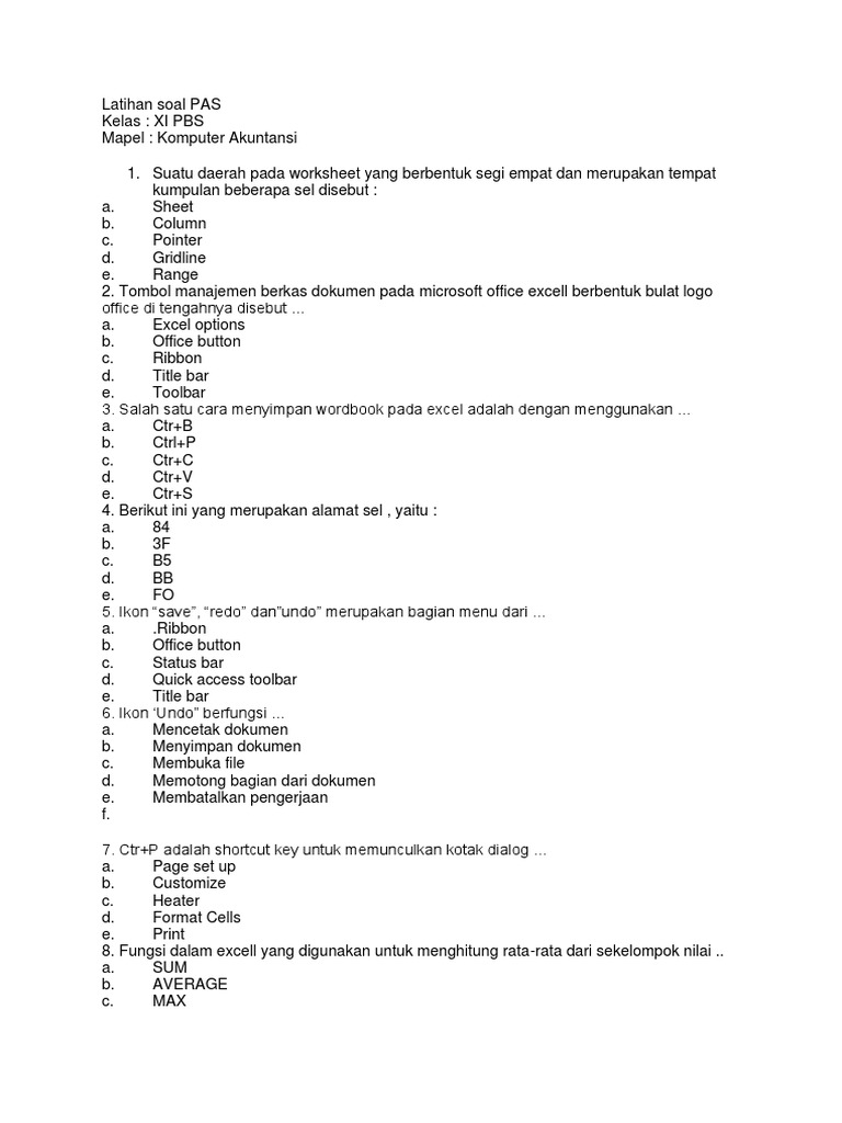 Soal Latihan Microsoft Excel Kelas XI | PDF