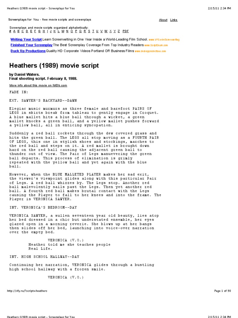Heathers (1989) Movie Script Screenplays For You PDF Screenplay