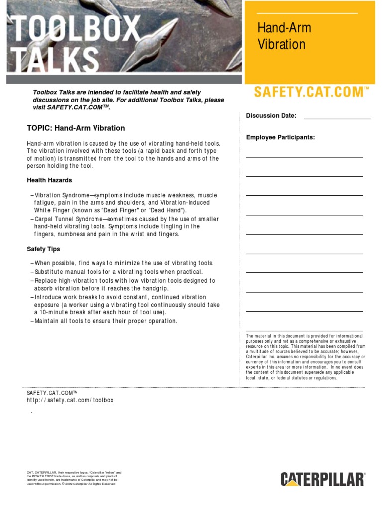 Toolbox Talks: Hand-Arm Vibration | PDF | Occupational Safety And Health |  Diseases And Disorders