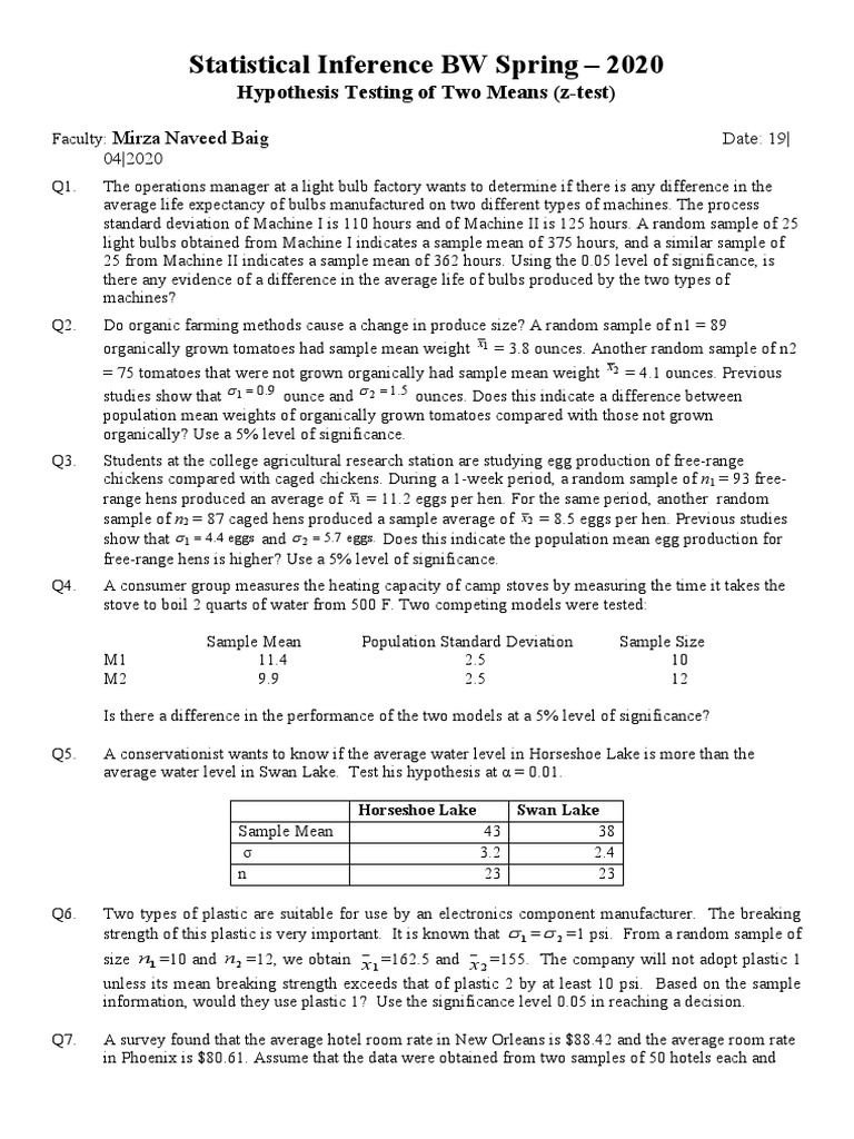 Hypothesis Testing of Two Means PDF Egg As Food Hypothesis
