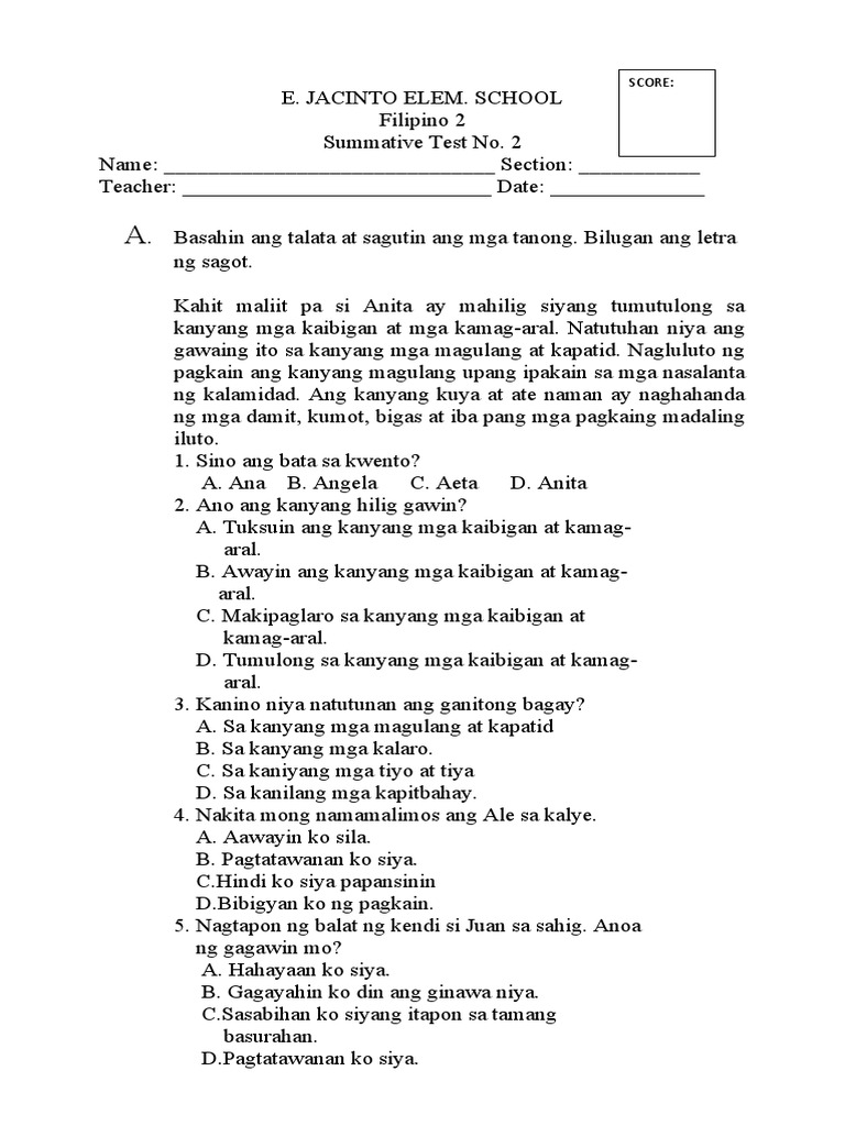 Filipino Summative Test No 2 MELC | PDF