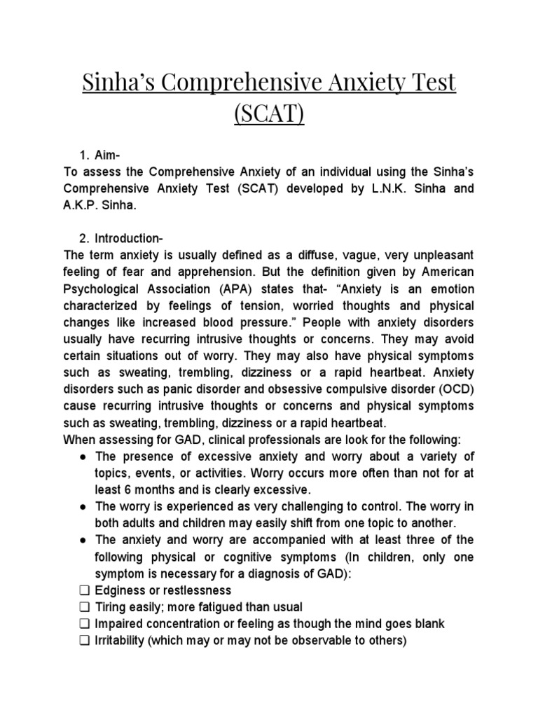Sinha's Comprehensive Anxiety Test (SCAT) PDF Id Psychoanalysis