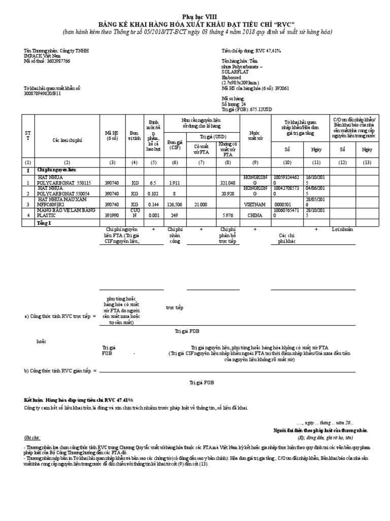 Bang Ke Khai Hang Hoa Xuat Khau Dat Tieu Chi RVC 4812 | PDF